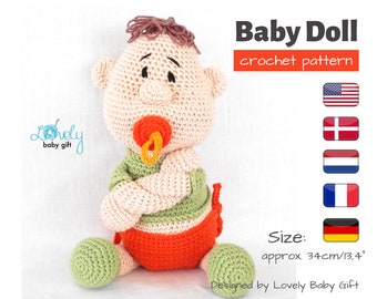 Crochet Doll Pattern, crochet baby doll pattern, amigurumi newborn doll crochet pattern, doll with pacifier and diaper tutorial, CP-128