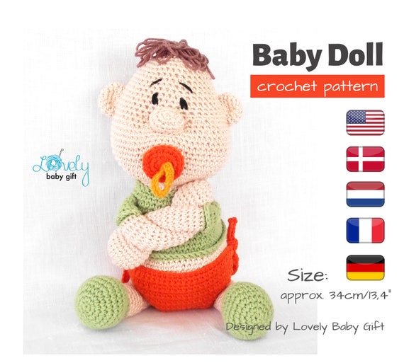 Crochet Doll Pattern, crochet baby doll pattern, amigurumi newborn doll crochet pattern, doll with pacifier and diaper tutorial, CP-128