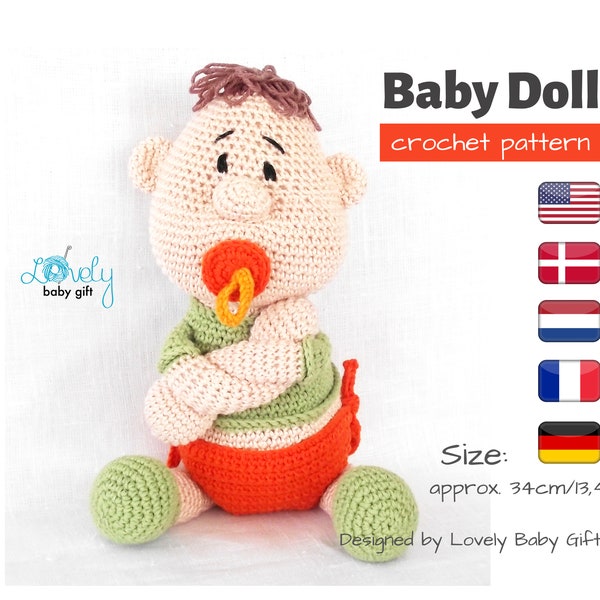 Crochet Doll Pattern, crochet baby doll pattern, amigurumi newborn doll crochet pattern, doll with pacifier and diaper tutorial, CP-128