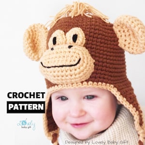 May include: Crochet pattern for a brown monkey hat with a beige face and ears. The hat is worn by a baby with a smile. The pattern is designed by Lovely Baby Gift.
