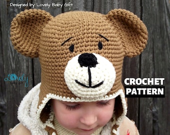 Crochet Earflap Hat Pattern, Teddy Bear Hat Crochet Pattern, Crochet Animal Hat, Baby Toddler, Kid, Child Sizes