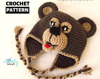 PDF Bear Earflap Beanie Hat Crochet Pattern, crochet bear hat pattern, crochet animal hat patterns, baby, toddler, child sizes, CP-301