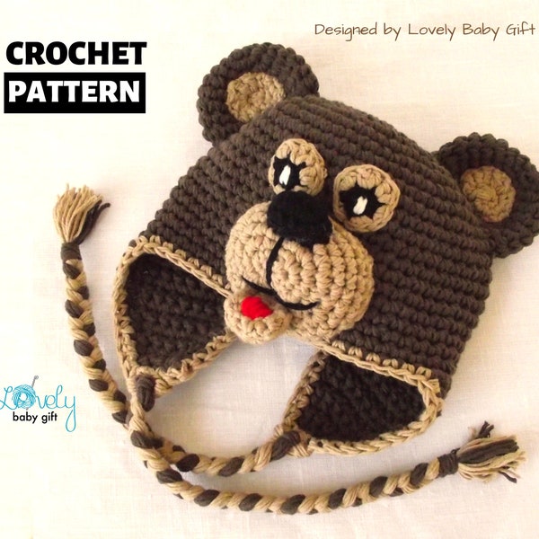 PDF Bear Earflap Beanie Hat Crochet Pattern, crochet bear hat pattern, crochet animal hat patterns, baby, toddler, child sizes, CP-301