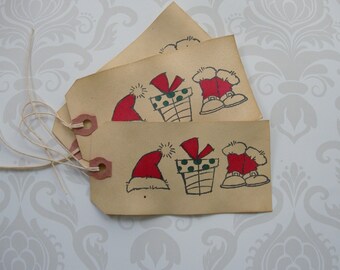 Rustic Christmas Santa Boots and Hat Country Holiday Gift Tag Craft supply set of 25 pre strung