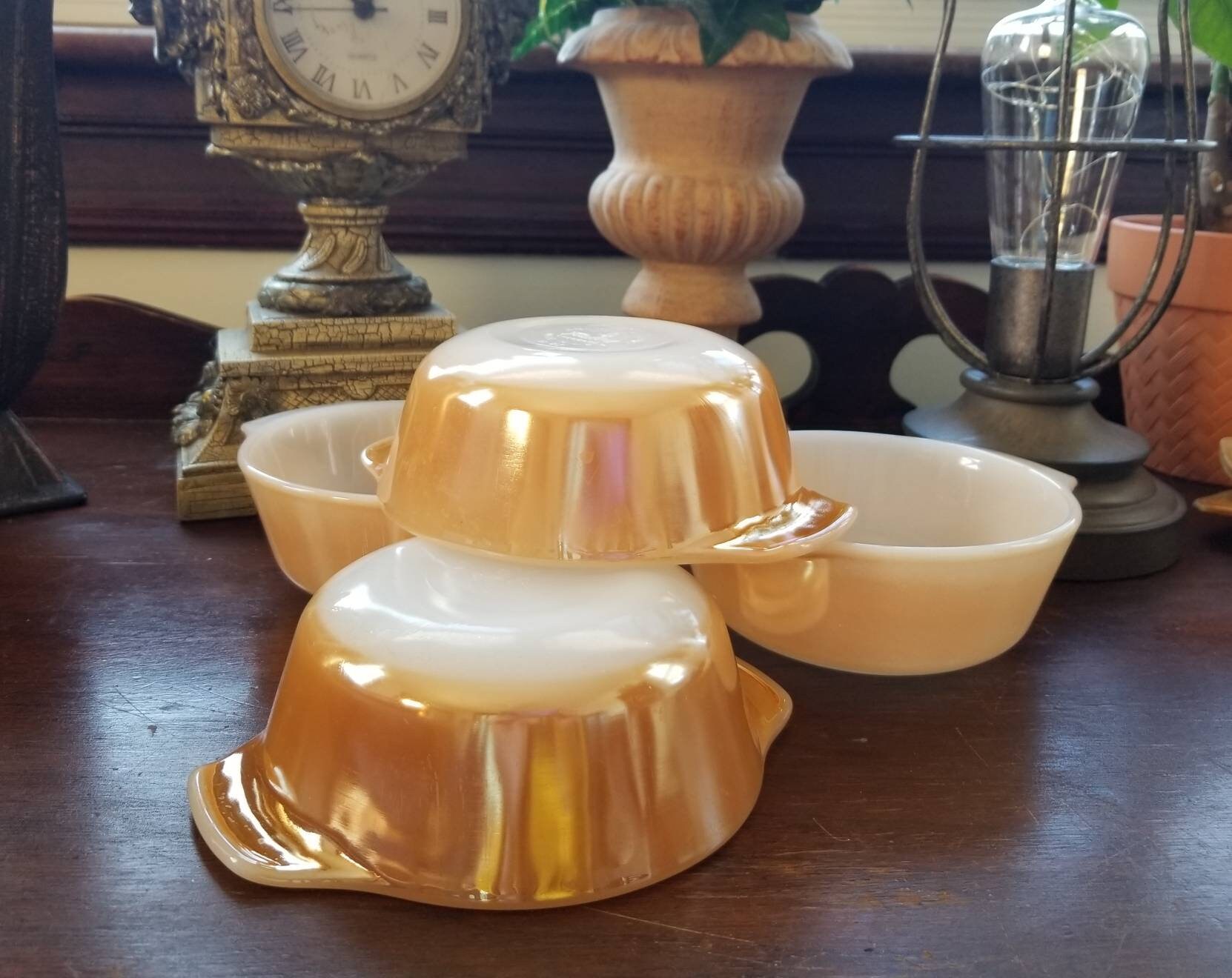Fire King Peach Lustre Bowls Glass Cookware set of four Anchor Hocking