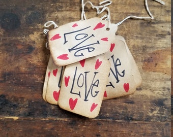 Rustic Hang Tag love Red Hearts Gift tag Craft supply set of 25 pre-strung