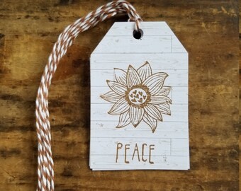 Rustic Hang Tag Peace flower Gift tags Craft Supply set of 25 tags pre strung