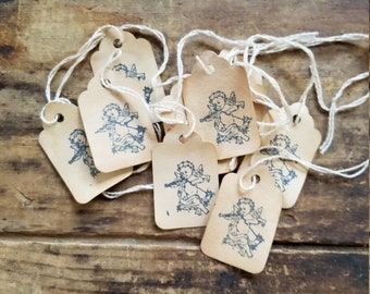 Primitive Hang Tag Cherub playing Violin Rustic Craft Supply set of 25 tags pre strung