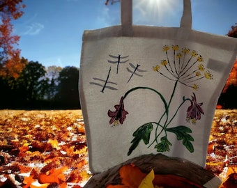 Cotton Fabric Book bag Shoulder tote Hand painted floral