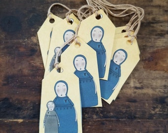 Primitive Hang tags Mother and Child Drab Gift tags Craft supply Set of 12 pre strung