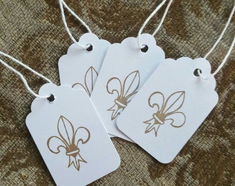Fleur de lis Gift tag burnt gold white background French country craft tags set of 25 pre strung