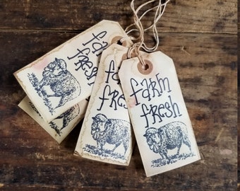 Farmhouse Hang Tag Farm Fresh Prim Sheep Rustic gift tag Craft supply set of 25 Tags pre strung