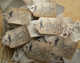 Primitive Hang Tag Dream and Folk art star Rustic Craft Supply set of 25 tags pre strung