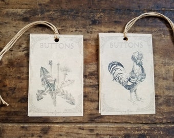 Buttons Hang tag Farmhouse Kitchen Gift tags Rooster Dandelion Craft supply Set of 12 Pre strung