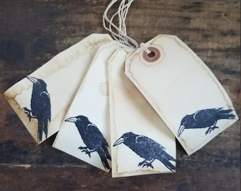 Farmhouse Crow on Bottom Hang tag set of 25 Rustic Black Raven Gift Tags Pre strung craft supply