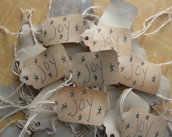 Primitive Hang Tag Joy with stars Rustic Gift tag Craft supply 25 tag set pre strung