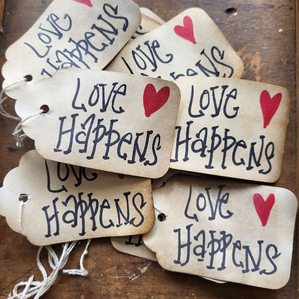 Gift tag Love Happens Primitive Rustic Hang tag Word Art Craft supply set of 25 pre-strung
