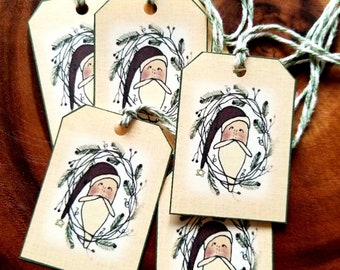 Country Christmas gift tag Primitive Santa hang tag with greenery wreath craft tag set of 18 pre strung