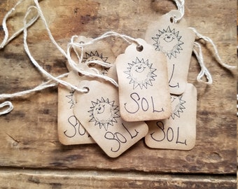 Primitive Hang tag Sun Smiles Sol Let the sun shine Rustic Gift tag set of 25 tags pre strung Craft Supply
