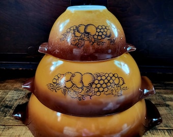 Pyrex Cinderella Mixing Bowl set of three Old Orchard pattern Vintage Ovenware