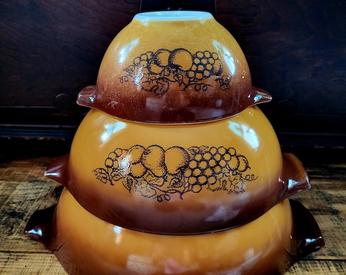 Featured listing image: Vintage Pyrex Old Orchard Mixing Bowl Set of 3 Cinderella Bowls with handles Pyrex Nesting Bowls Retro Kitchenware 1970s Pyrex