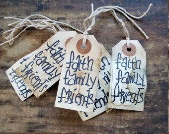 Primitive Hang tag Faith Family Friends Rustic Country Gift tag Craft supply set of 25 tags pre strung