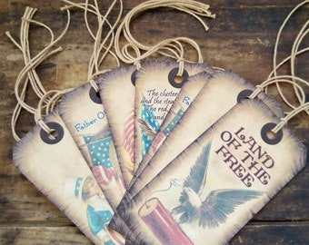 Americana Hang tag 4th of July Gift tag Stars and Stripes Eagle set of 12 tags pre strung Craft supply