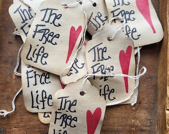 Primitive Hang Tag Set The Free Life Heart Grungy Aged Gift Tag for Rustic Decor, Junk Journals, Farmhouse Craft, Handmade Country Packaging