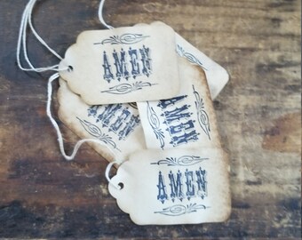Old Western style Amen Rustic hang tag set of 25 tags Gift tag Craft supply pre strung