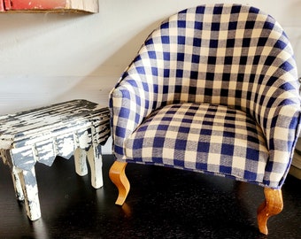 Dollhouse Furniture Rustic Farmhouse Blue check gingham fabric Wing back Chair Chippy paint side Table