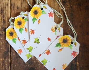 Rustic garden Hang Tag sunflowers Falling leaves Gift tags Craft Supply Hang tag set of 12 tags pre strung