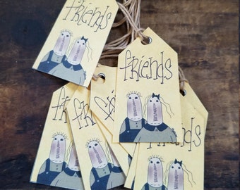 Primitive Rag Doll Friends Gift tags Craft supply Set of 12 pre strung Hang tags
