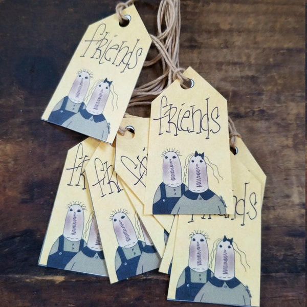 Primitive Rag Doll Friends Gift tags Craft supply Set of 12 pre strung Hang tags