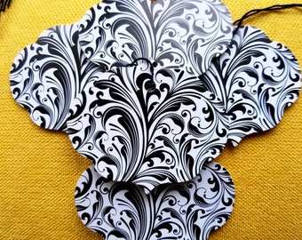 Vintage style hang tags black white swirl set of 25 pre strung