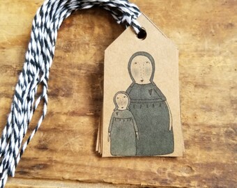 Kraft Primitive Hang tags Mother and Child Drab Gift tags Craft supply Set of 12 pre strung