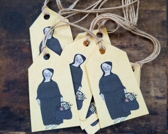 Primitive Hang tags Lady with Basket Drab Gift tags Craft supply Set of 12 pre strung