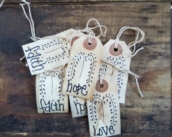 Primitive Willow Tree Faith Hope Love Rustic Gift tag set of 25 Pre-strung Craft supply