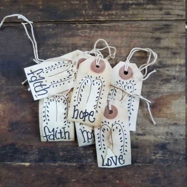 Primitive Willow Tree Faith Hope Love Rustic Gift tag set of 25 Pre-strung Craft supply