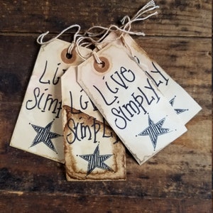 Rustic Hang Tag Live Simply Barn star Gift Tag primitive craft set of 25 tags pre strung Craft supply image 1