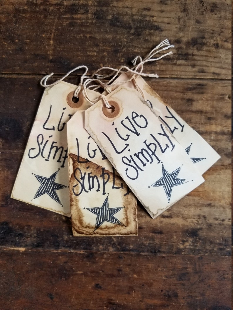Rustic Hang Tag Live Simply Barn star Gift Tag primitive craft set of 25 tags pre strung Craft supply image 1