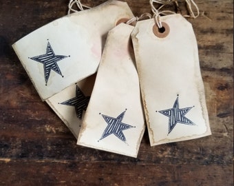 Primitive Hang Tag Barn Star Folk art Gift tag Rustic Craft Supply set of 25 pre strung
