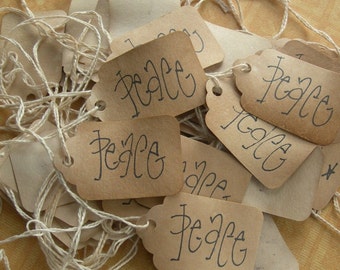 Primitive Hang Tag Peace Gift tag Craft supply set of 25 tags pre strung