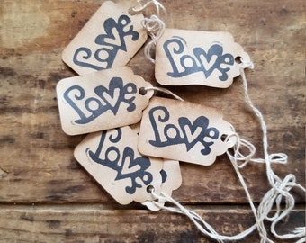 Primitive Hang tag Swirl Heart Script Love Farmhouse chic set of 25 pre strung Craft supply