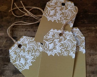 Rustic Elegance Hang Tag White Lace print Gift tags DIY Craft Supply set of 25 tags pre strung