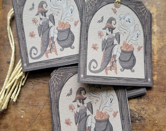 Vintage Halloween Gift Tags, Spooky Witch Cauldron, Handmade Cardstock (Set of 18)