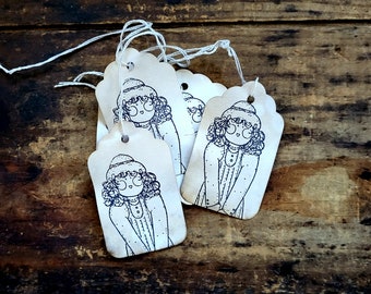 Rustic Hang Tag Country girl with Curly hair Gift tag Craft supply set of 25 pre-strung