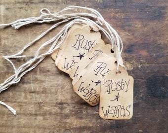 Rusty Wares Primitive Hang tags Rustic Gift tags Craft Supply set of 25 tags pre strung