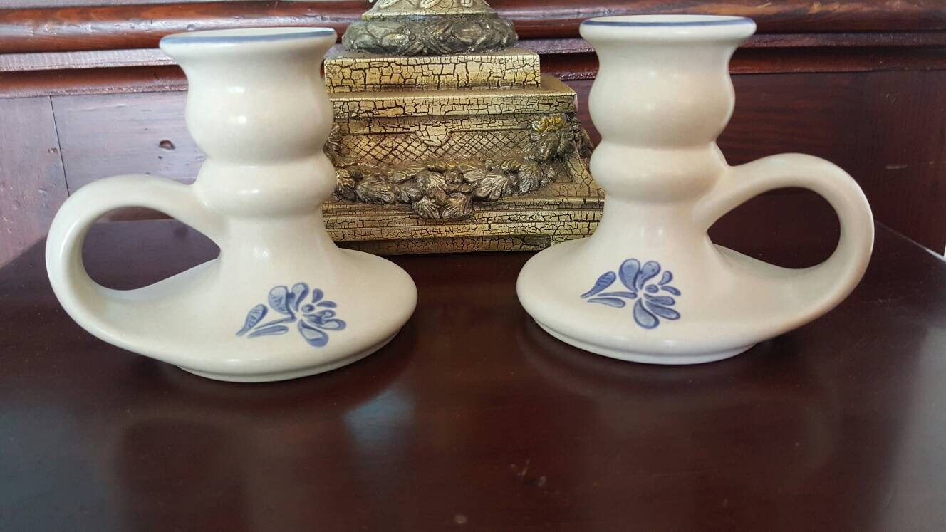 Pfaltzgraff Candlestick holders ceramic pair Blue flower