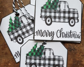 Plaid Truck Christmas Gift Tags, Farmhouse Holiday Set