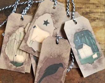 Primitive Hang Tag Saltbox Starry Night Sheep Willow Trees Gift tag set of 18 Craft supply pre strung